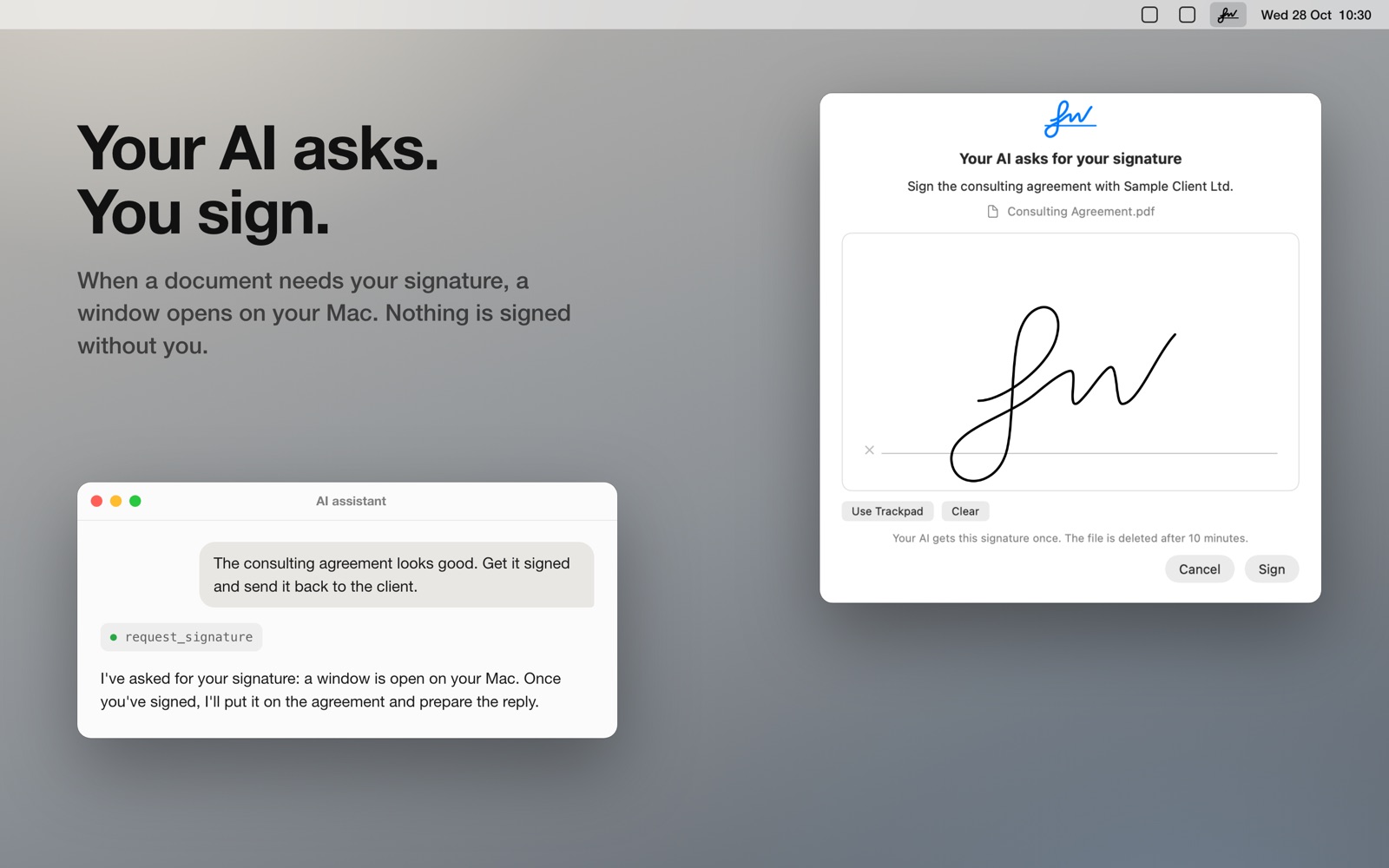 An AI assistant chat asking for a signature, next to the Signature MCP window with a signature drawn on the pad.